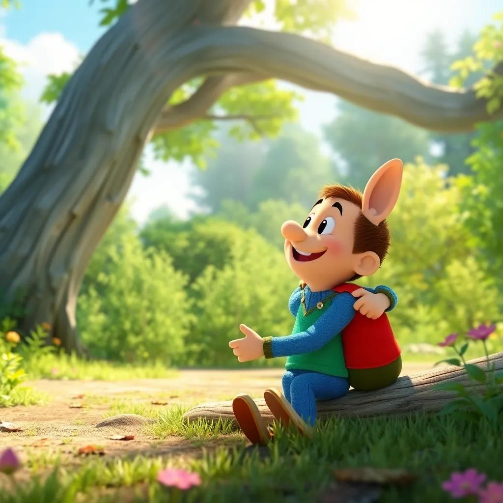 Final scene of a sunny day in the green forest where Harry and Terry happily embrace their friendship, representing lessons learned about patience and perseverance, bright colors, uplifting atmosphere, a heartwarming ending