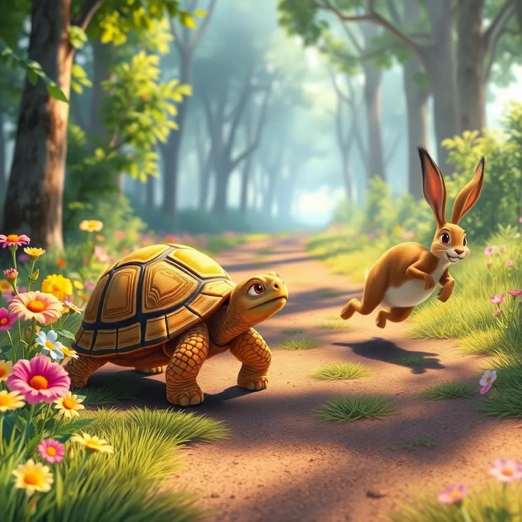 The tortoise moving slowly along a path, enjoying the flowers and sunshine, while a speeding hare dashes ahead, light shining through the trees, vibrant colors, illustration