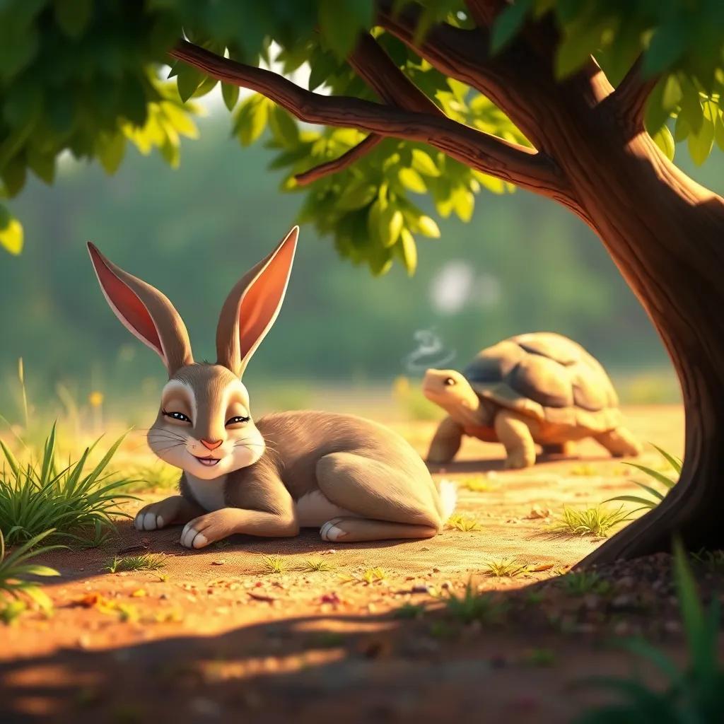 The hare sleeping under a shady tree, with a peaceful smile on its face, and the tortoise steadily advancing in the background, colorful and tranquil scene, warm light