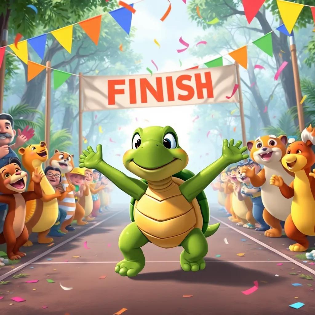 The tortoise reaching the finish line with a big smile, while the cheering forest animals surround him, colorful banners and confetti in the air, joyful atmosphere, illustration