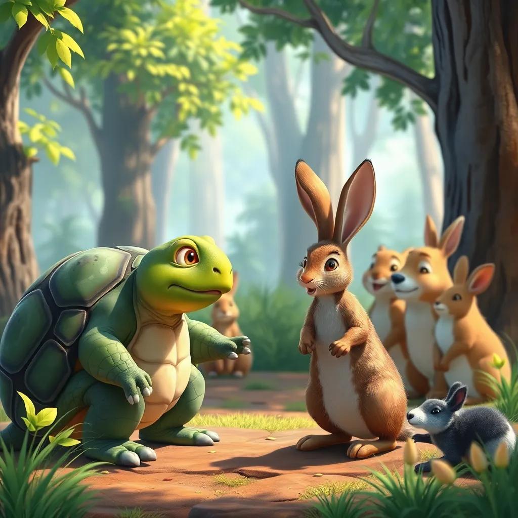 The tortoise speaking kindly to the hare, with a group of forest animals happily listening, vibrant colors, friendly and warm scene, illustration