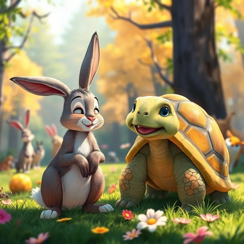 The hare feeling humbled and the tortoise smiling, with the sunny forest background and happy animals around them, colorful and uplifting, digital painting