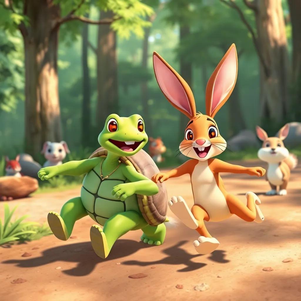 The tortoise and hare racing for fun, enjoying their time with other forest animals, bright colors, cheerful and playful atmosphere, illustration