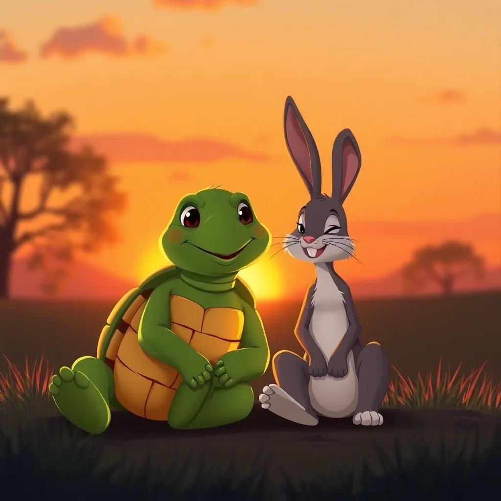 The tortoise and hare sitting together at sunset, reflecting on their race with smiles, warm colors, peaceful scene, illustration