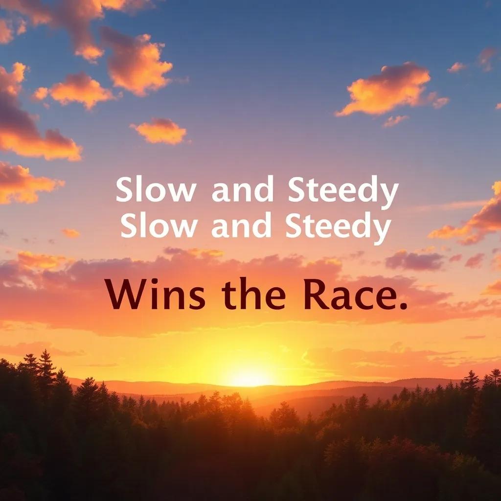 A beautiful sunset over the forest with the moral of the story: 'Slow and Steady Wins the Race' written in the sky, colorful and inspiring, digital art
