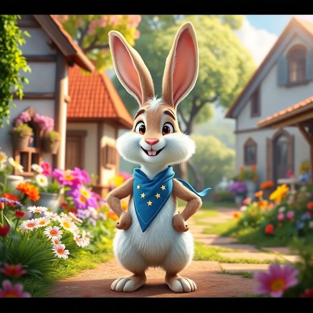 A vibrant village scene with a cheerful hare, a young anthropomorphic creature with fluffy white fur, wearing a blue bandana, standing proudly with a confident posture, surrounded by colorful flowers and trees, digital art, bright colors, inviting atmosphere, high quality