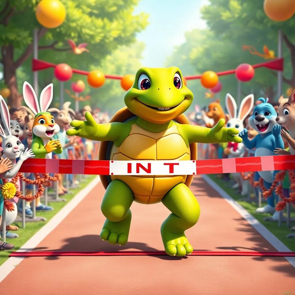The tortoise crossing the finish line with a triumphant smile, surrounded by cheering animals including rabbits, birds, and squirrels, with festive decorations around the finish line, joyful scene, bright colors, vivid expressions, happy atmosphere