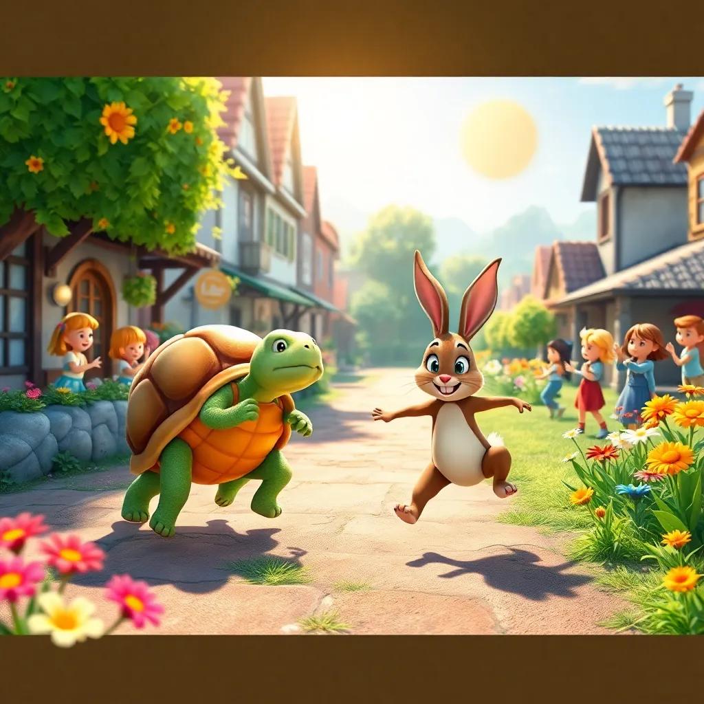 A whimsical scene of the tortoise and hare racing side by side in the village, with cheering kids on the sidelines, filled with colorful flowers and sunshine, joyful digital art, bright colors, lively atmosphere, child-friendly