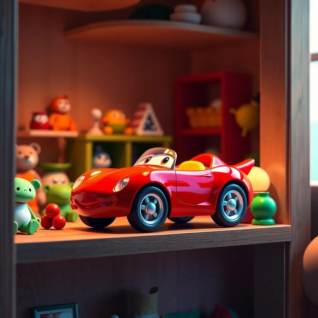 A bright red toy car named Speedy sitting on a shelf, in a cozy little room filled with toys, warm light illuminating its shiny surface, inviting atmosphere, whimsical art style
