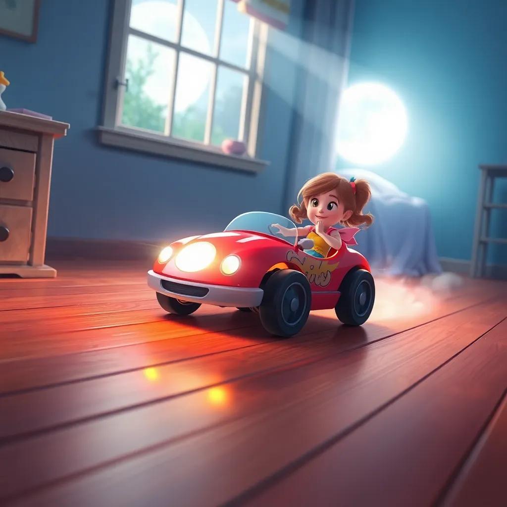 A magical scene with Speedy the toy car glowing with magic, racing down a wooden floor towards a sleeping girl, soft moonlight streaming through a window, dreamy ambiance, colorful illustration