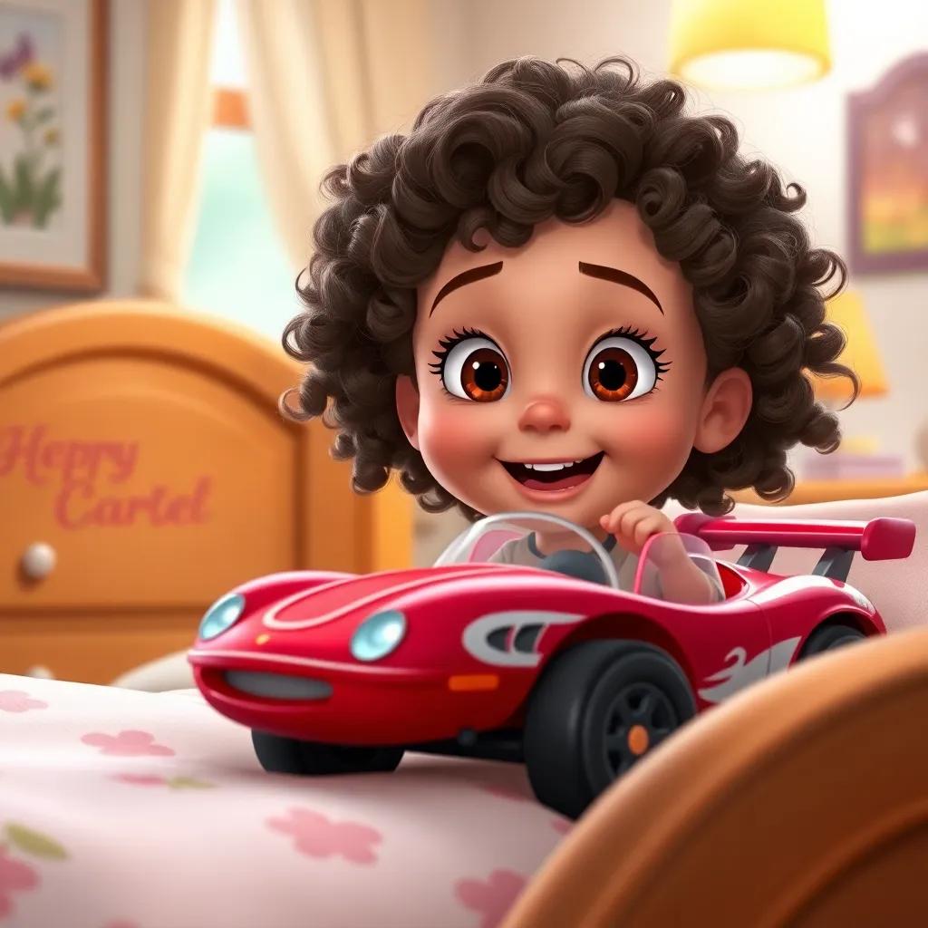 Lily, a cheerful young girl with curly hair, waking up in her bed to see Speedy the toy car, excitement in her eyes, bright bedroom with animated details, fairy-tale style