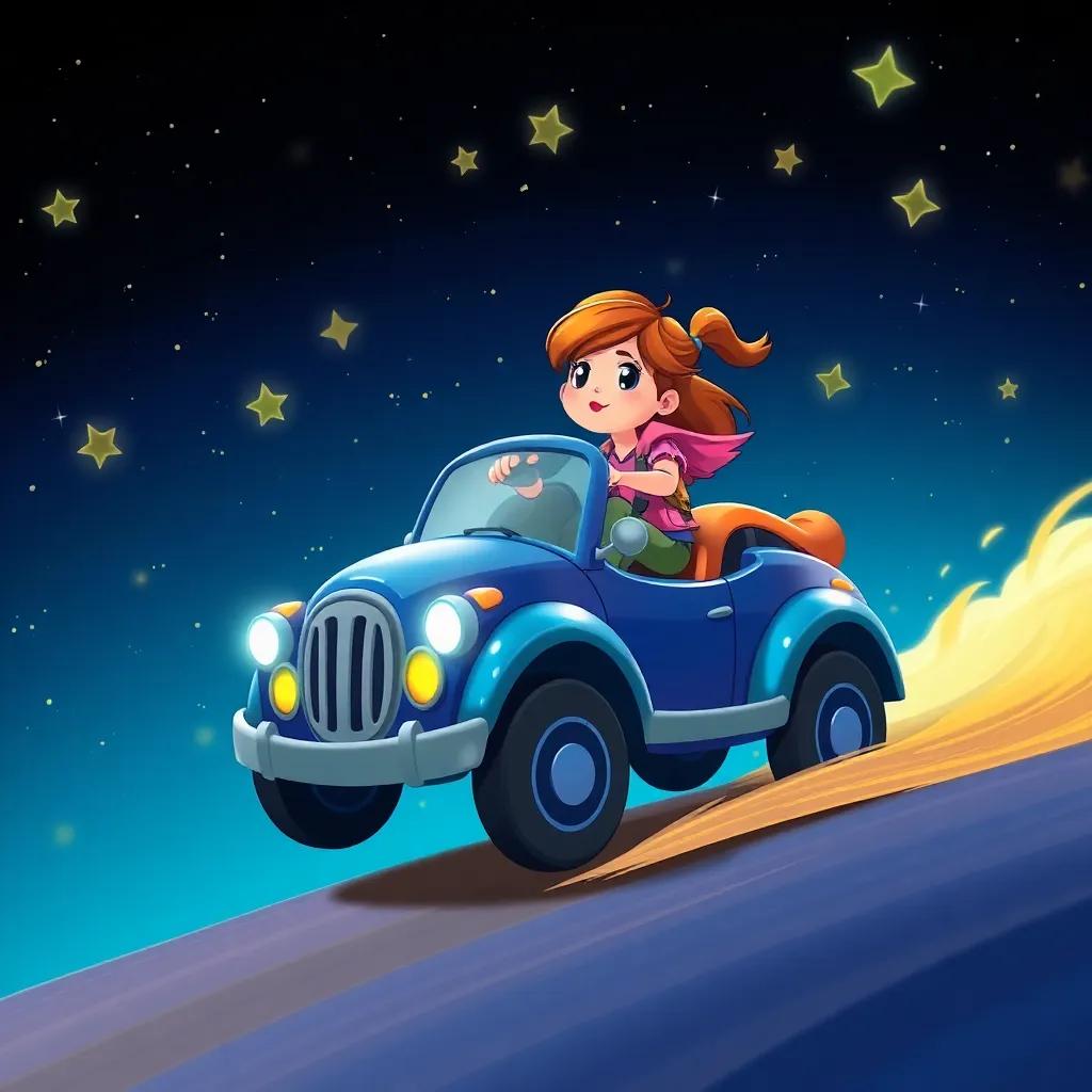 Speedy the toy car zooming through the night sky with Lily on top, stars twinkling around them, adventurous spirit captured, vibrant colors, whimsical art style