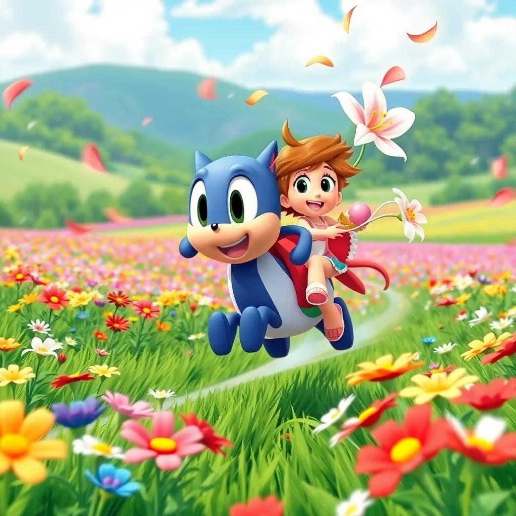 Speedy racing through fields of colorful flowers, petals dancing in the breeze, with Lily joyfully holding on, scenic background filled with greens and a blue sky, cheerful illustration