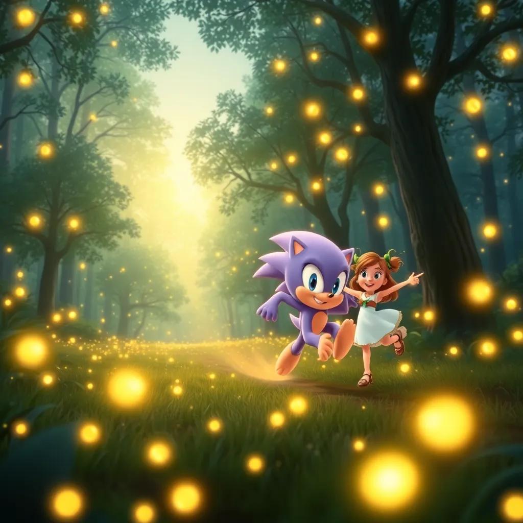 Speedy dashing through a forest filled with glowing fireflies, trees swaying gently, Lily pointing at the lights with delight, enchanting atmosphere, magical art style