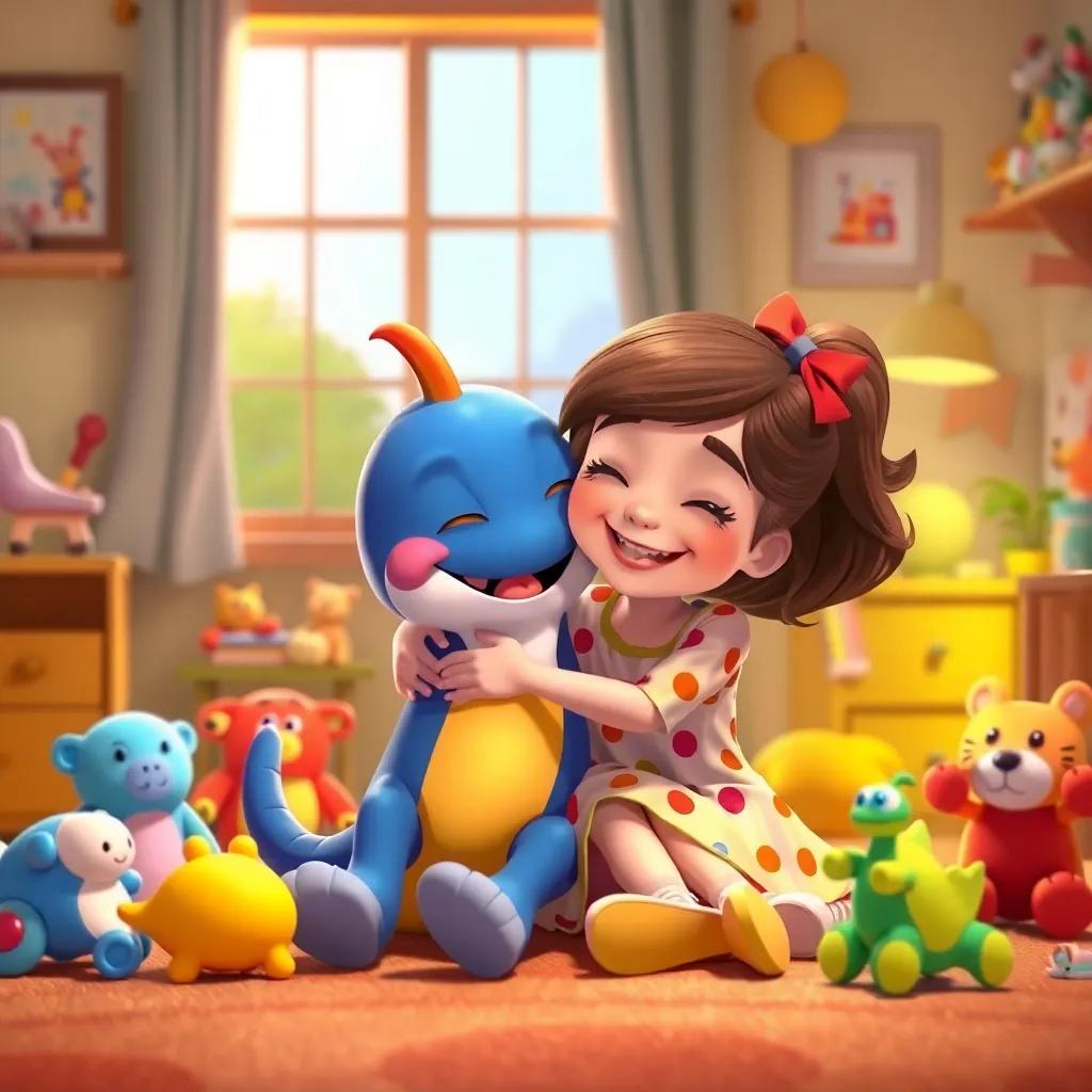 Lily giving Speedy a happy hug as they sit together in her room, surrounded by toys, colorful and inviting ambiance, joyful illustration