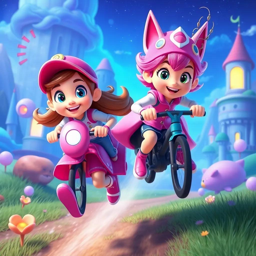 Speedy and Lily racing again through magical landscapes filled with fantasy elements, playful and adventurous vibe, vibrant and imaginative art style