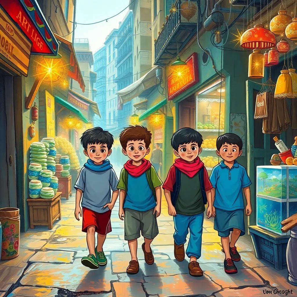 Four boys, Amir, Bakir, Jalil, and Samir, walking cautiously through narrow alleys of an old oriental city with bright market stalls and sparkling items all around, illustration, adventurous scene, light and vibrant colors, child-friendly, high quality