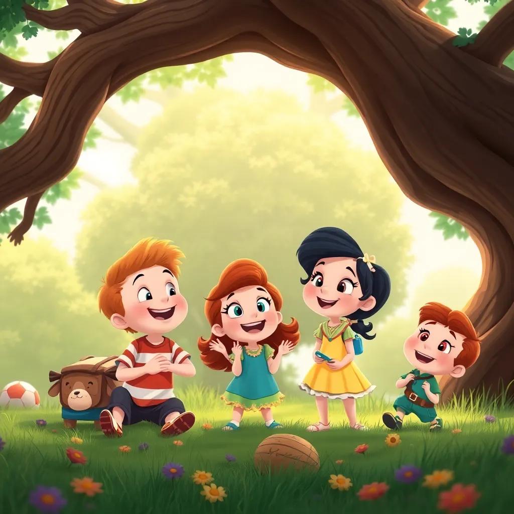 Silly Sally with her friends Tom, Mia, and Leo playing under the big oak tree, looking excited while finding the first clue, lively colors, joyful expressions, whimsical style, fantasy