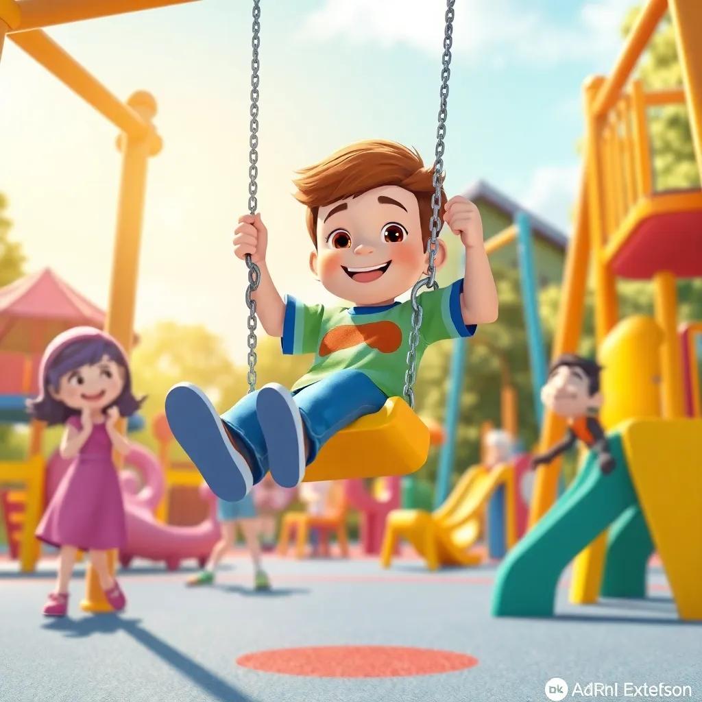 Leo swinging on a swing set, with Silly Sally, Mia, and Tom cheering him on, the playground filled with colorful structures, sunny day, warm light, fun and dynamic view, illustration