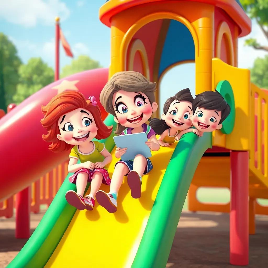 Silly Sally and her friends playing on a colorful slide, looking for a clue, with vibrant playground surroundings, smiling faces, fun and engaging, child-centered art
