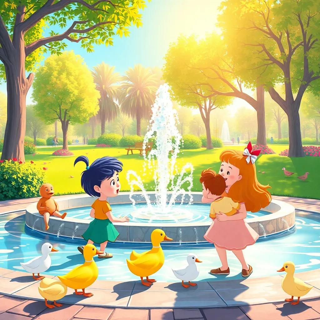 Silly Sally and her friends gathered around a sparkling fountain in a sunny park, watching ducks, details of the park in bright colors, joyful and lively vibe, friendly illustration