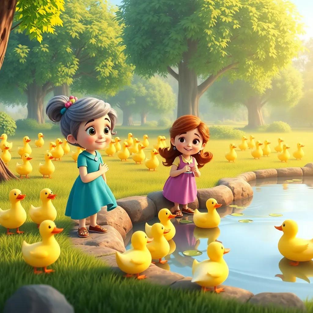 Silly Sally and her friends counting ducks by a small pond, filled with lush green trees, and cheerful ducks, playful atmosphere, warm light, child-friendly art