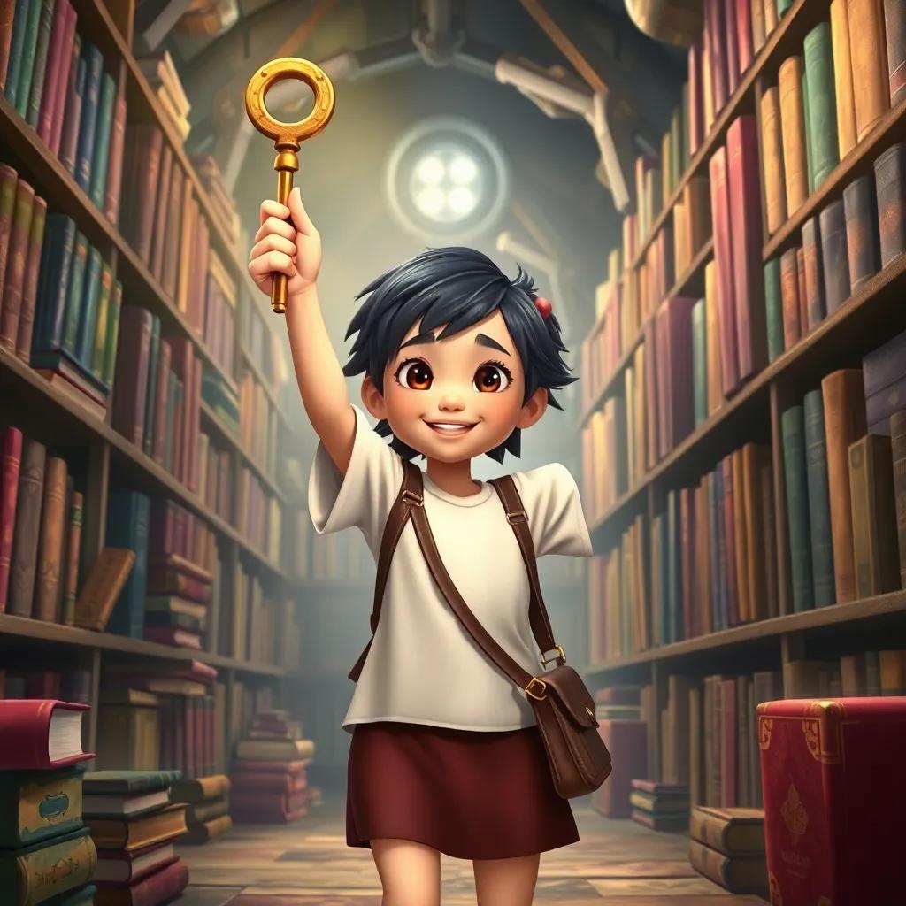 Mia triumphantly holding up a shiny key in the dusty library filled with colorful books, exploring and searching, age-appropriate fantasy style, dynamic composition