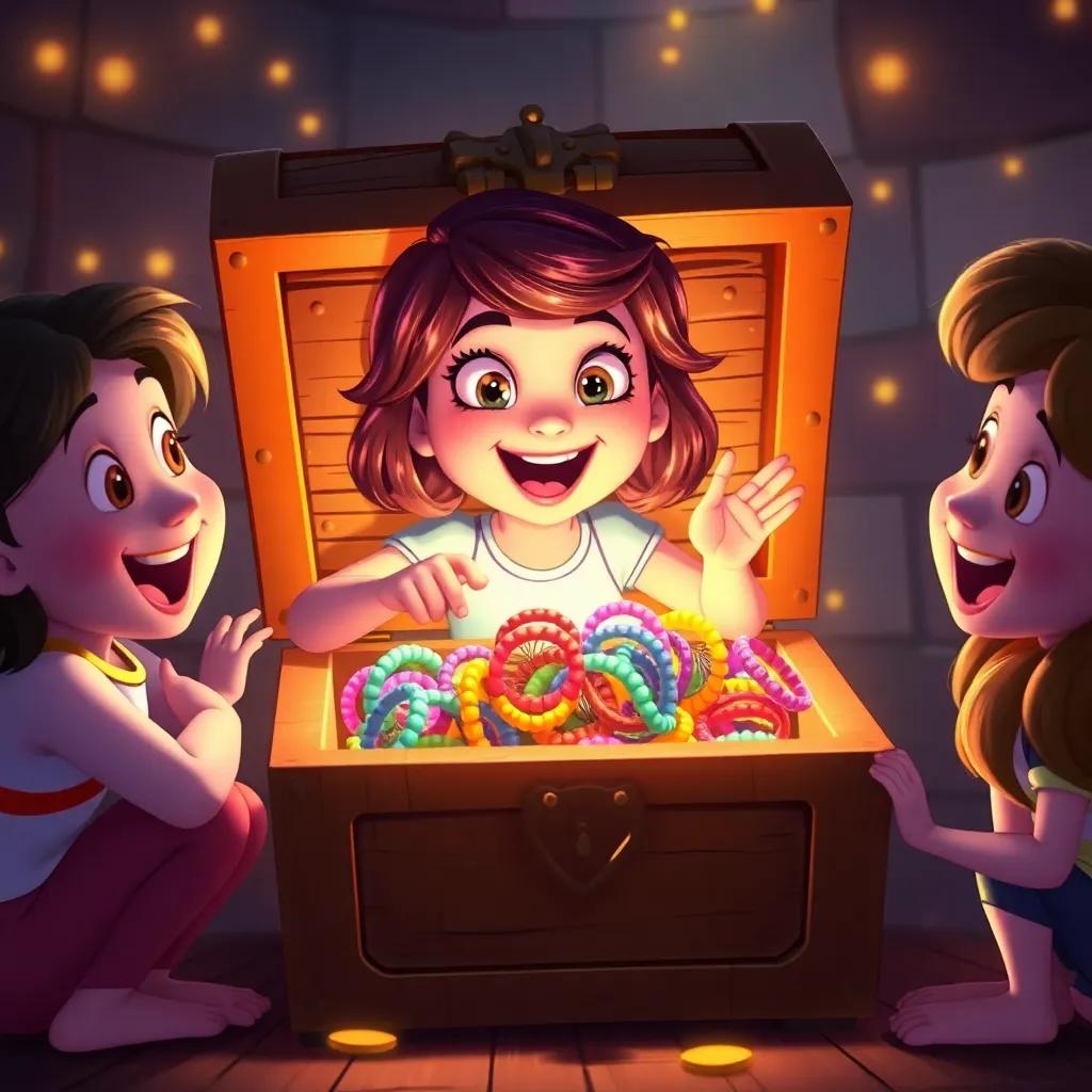 Silly Sally opening a treasure chest filled with colorful friendship bracelets, surrounded by her friends with excited expressions, treasure-like lighting, heartwarming scene