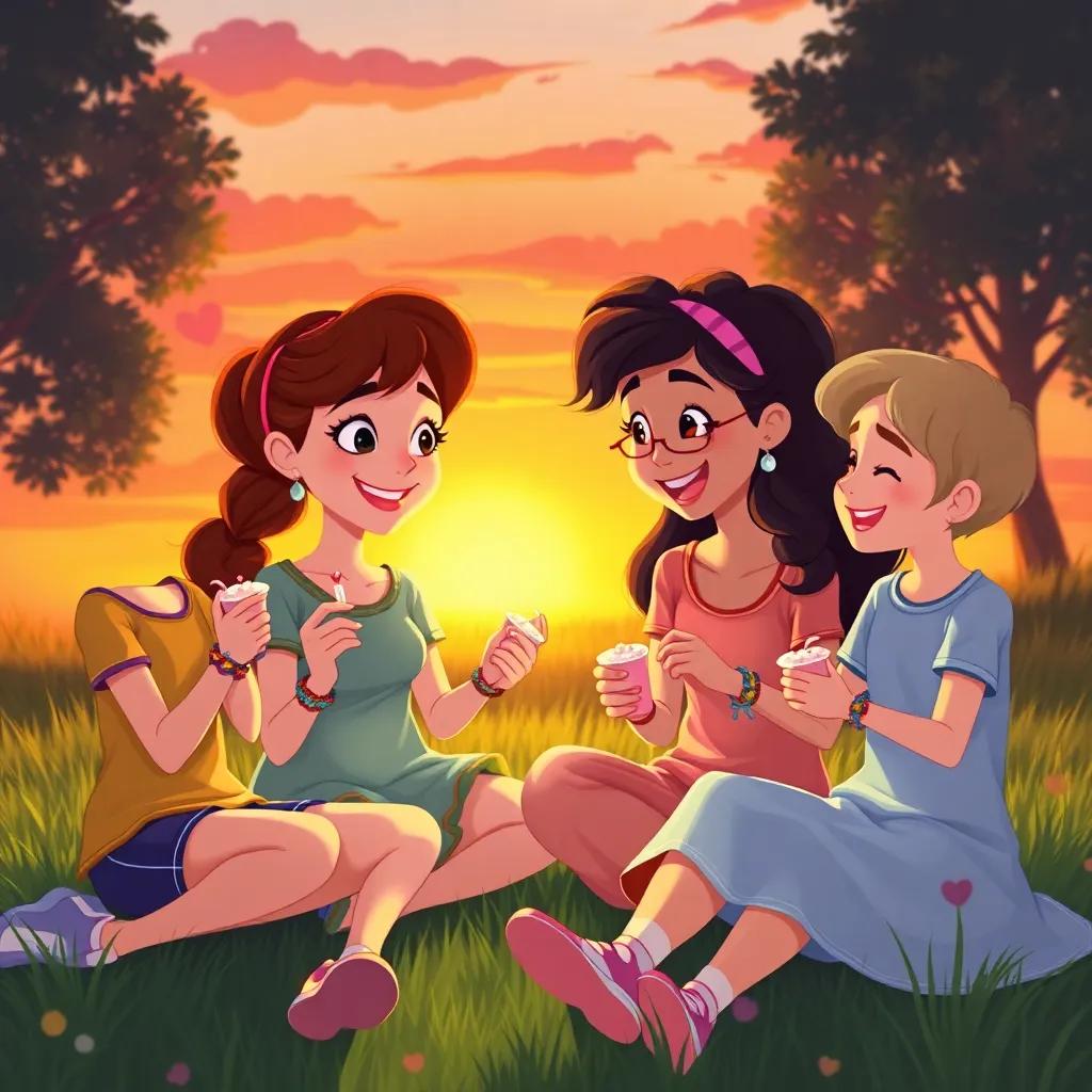 Silly Sally and her friends sitting on the grass at sunset wearing their friendship bracelets, enjoying snacks and laughter, warm sunset colors, heartening atmosphere, joyful illustration