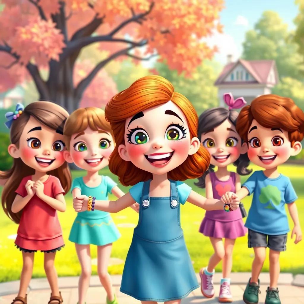 Silly Sally with her friends smiling widely, holding hands and showing off their friendship bracelets, surrounded by a beautiful park, vibrant colors, child-friendly digital painting
