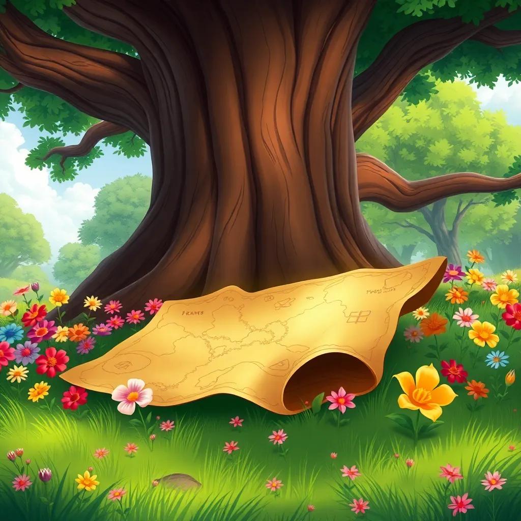 A shiny treasure map found by the sisters, laid on the ground under a big oak tree, surrounded by vibrant flowers and green grass, illustration, colorful, inviting, cheerful