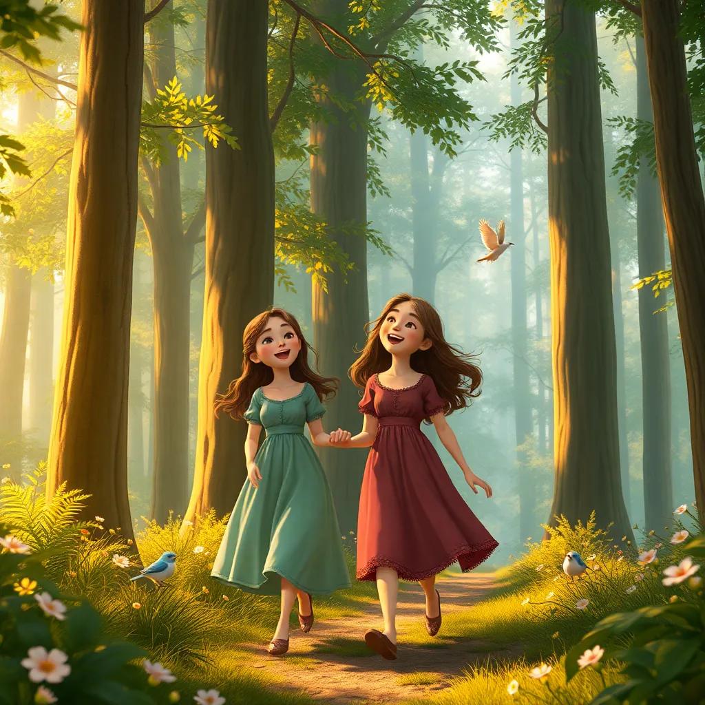 The sisters walking through the forest, singing and laughing, with tall trees and singing birds around them, warm sunlight piercing through the leaves, detailed digital art, whimsical, joyful