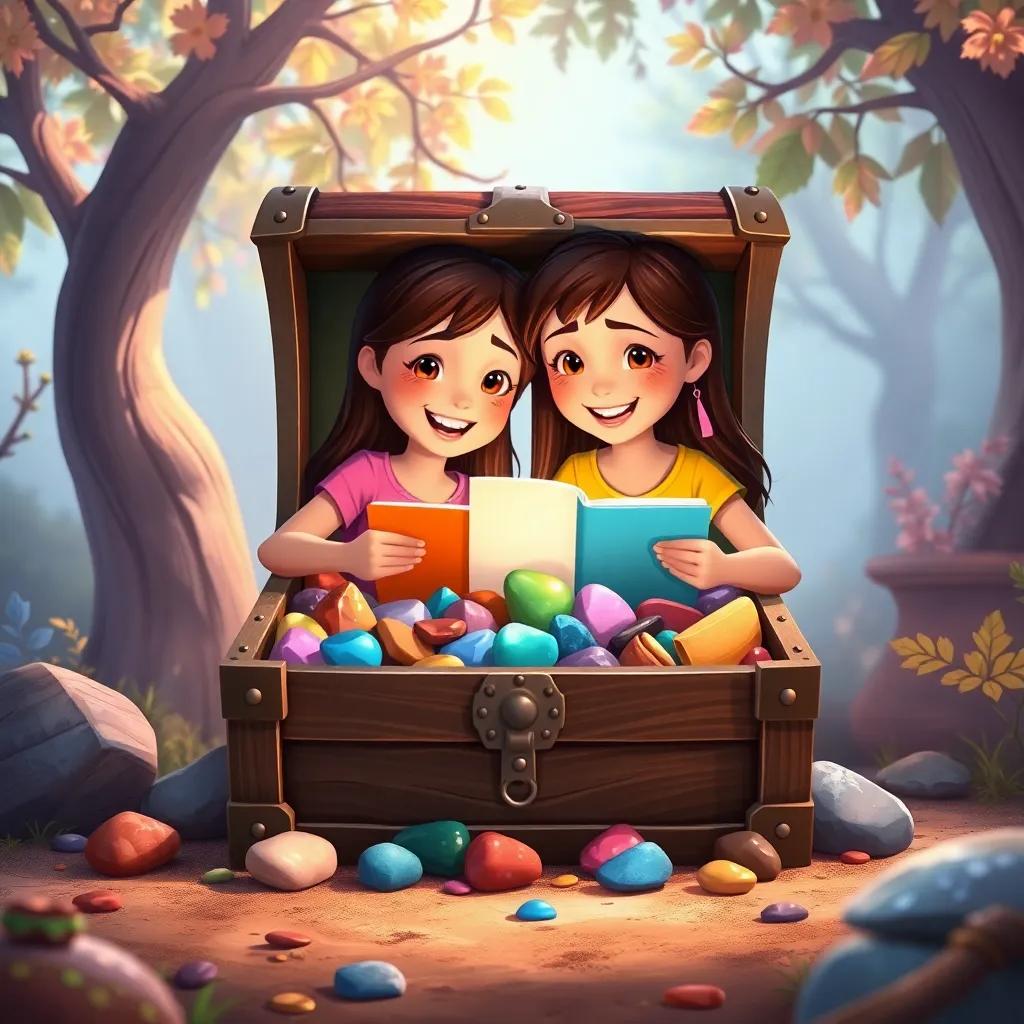 A treasure chest filled with colorful stones and letters, opened in front of the sisters, who are reading together with smiles, surrounded by nature, heartwarming, vibrant colors