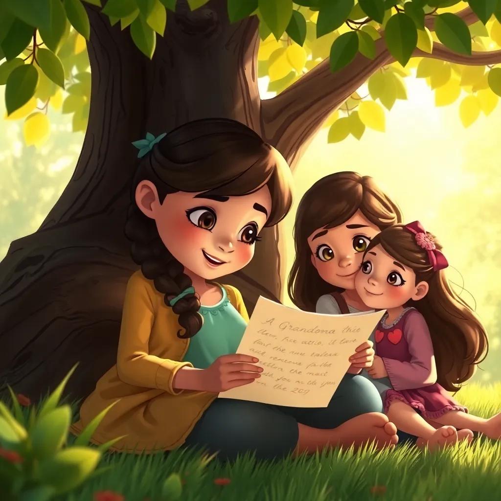 Mia reading a letter from Grandma, sitting under a tree with Ava and Lily, who are listening closely, warm sunlight filtering through leaves, beautiful illustration, detailed