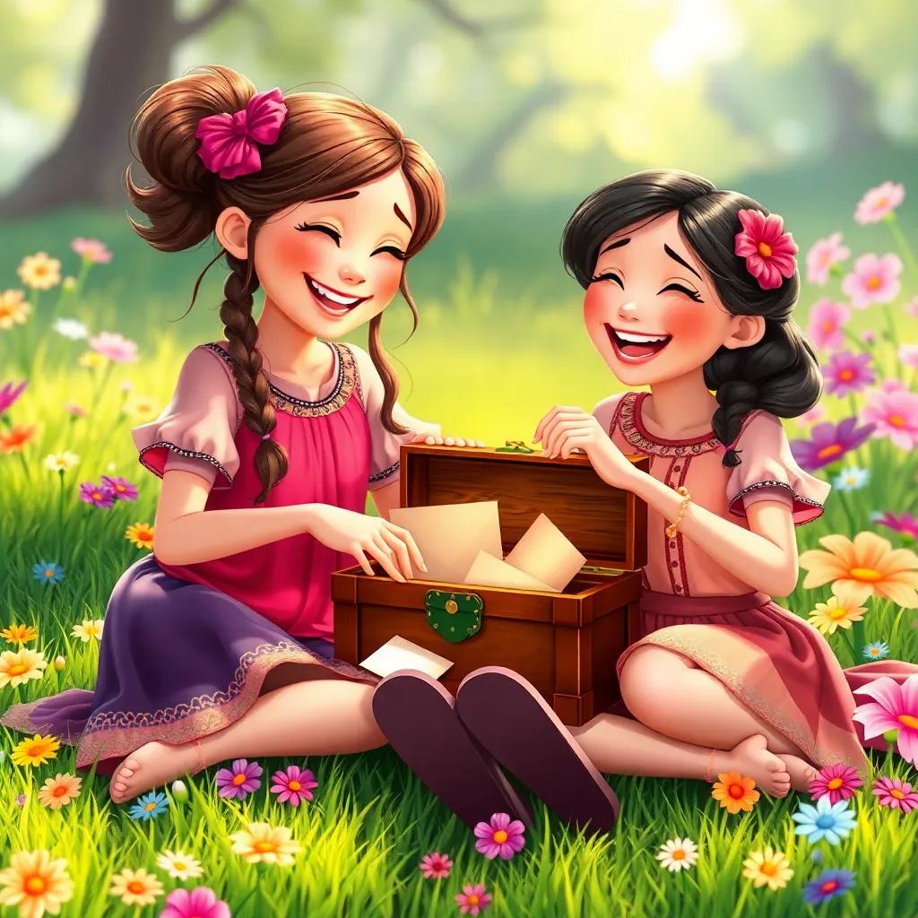 The sisters sitting together on the grass, adding their own letters into the chest, laughter and love on their faces, colorful flowers surrounding them, joyful atmosphere, digital art, vibrant