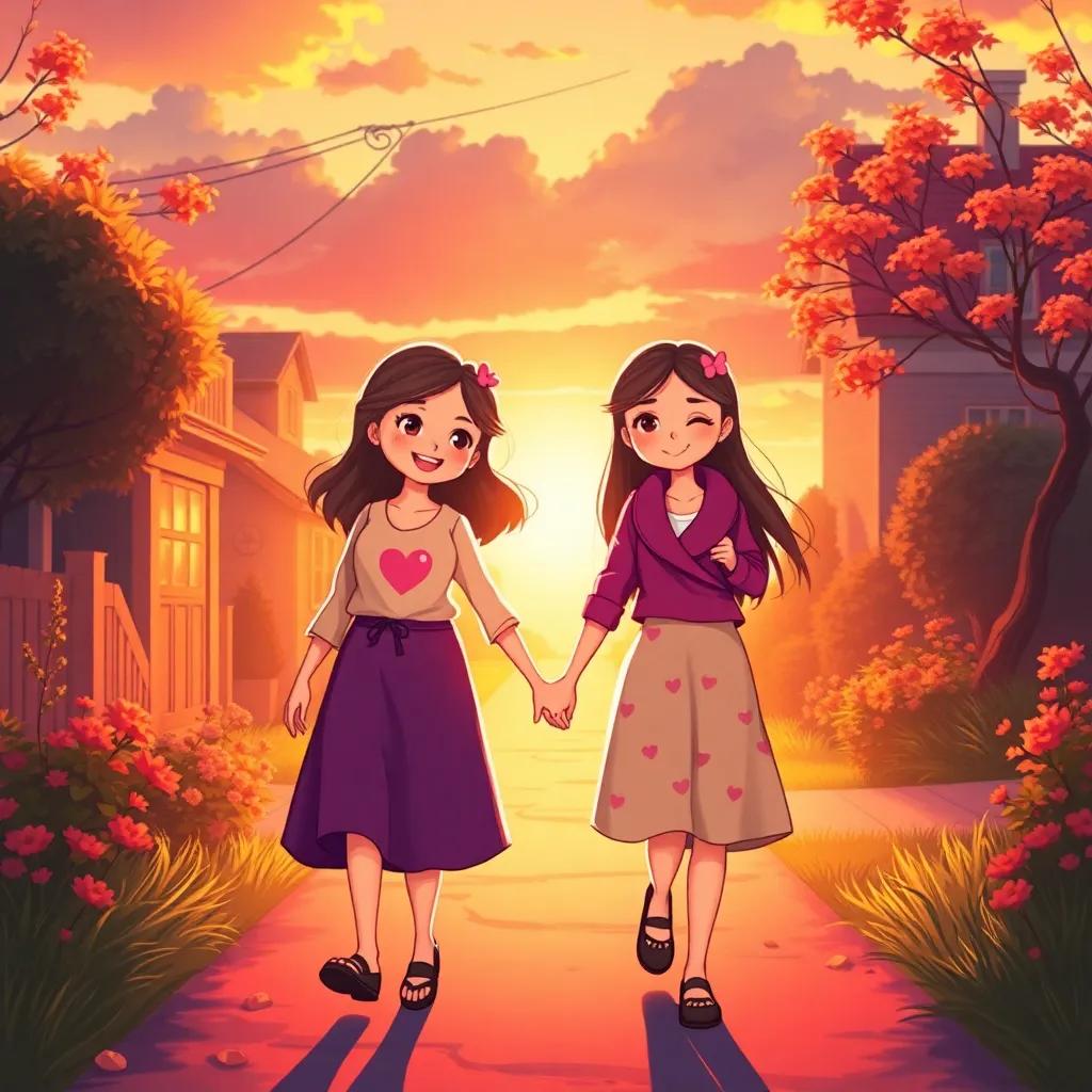 The sisters walking home hand in hand during sunset, golden light surrounding them, smiles on their faces, hearts filled with love, illustration, warm colors, touching