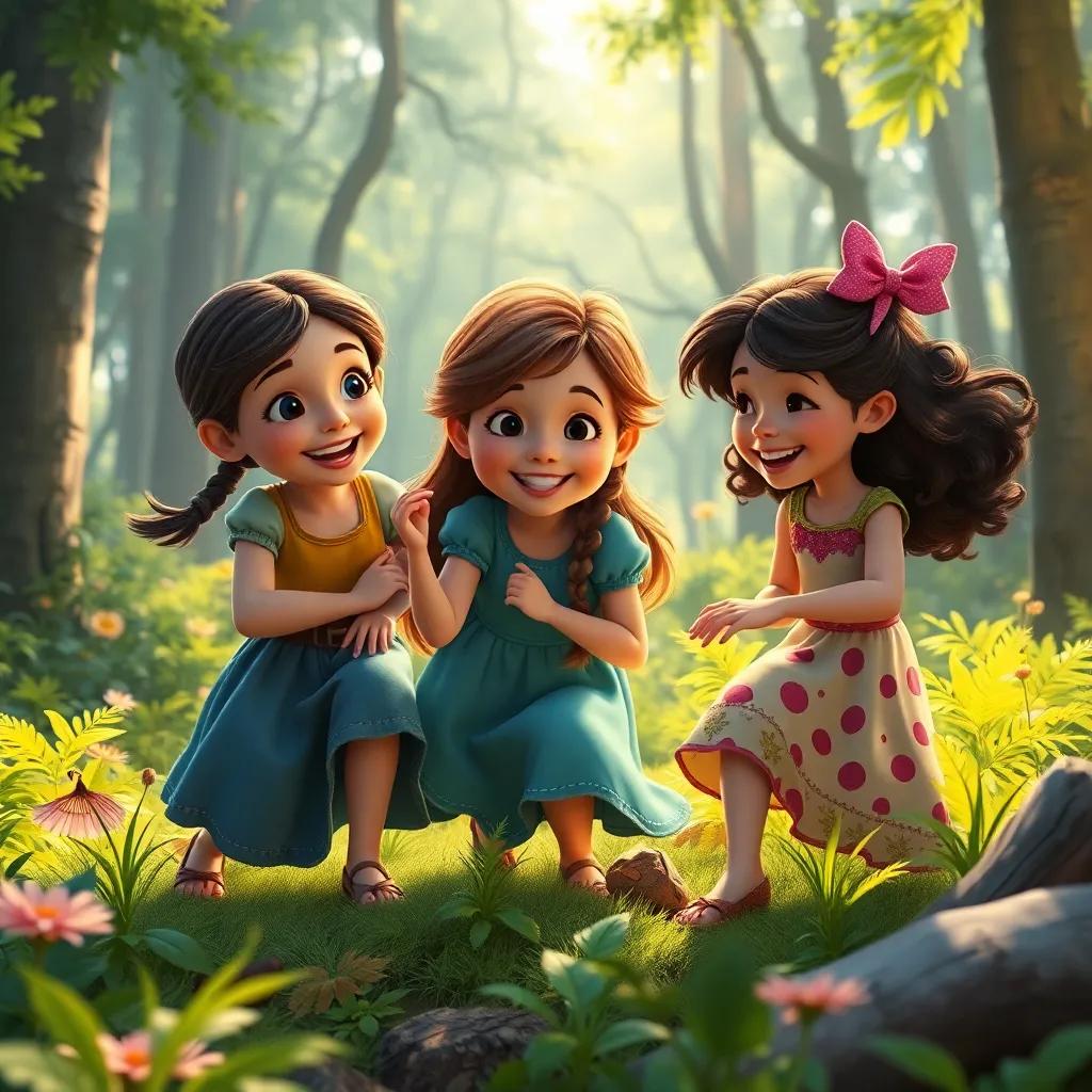 The three sisters playing together in the forest, full of joy and love, discovering new adventures, surrounded by nature, vibrant, engaging, warm