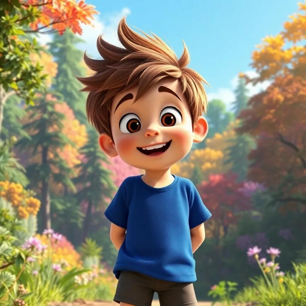 A brave boy named Max, with tousled brown hair, wearing a blue T-shirt and shorts, standing at the edge of a vibrant forest, excited expression, magical atmosphere, digital art, colorful, whimsical feel, bright sunshine, high quality