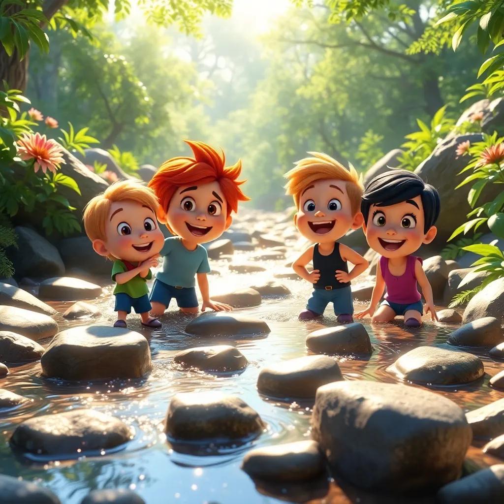 A sparkling stream with shiny stones, and Max and his friends smiling as they pick their guiding stones, surrounded by lush foliage, sunlight sparkling on the water, magical atmosphere, joyful expressions, high quality