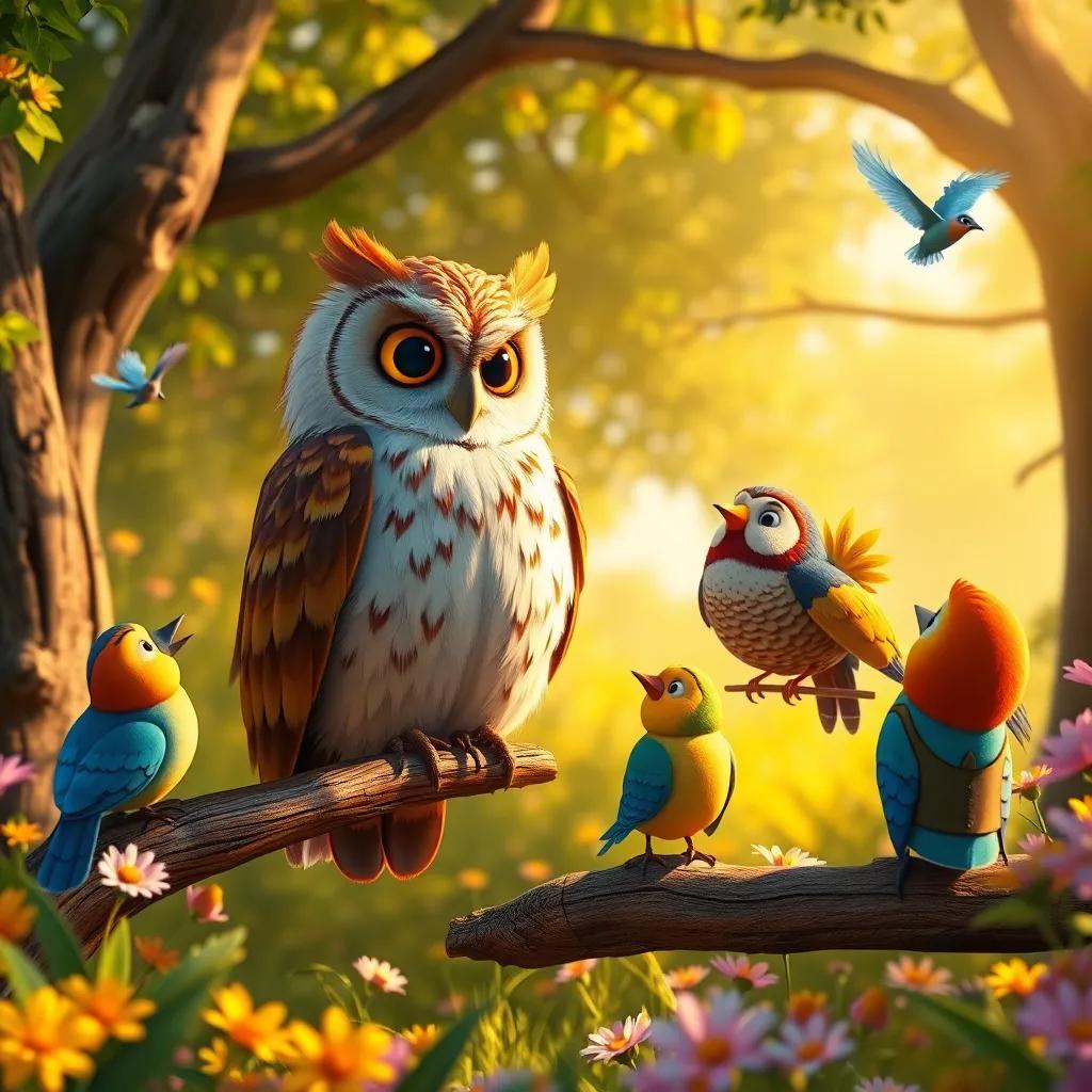An old wise owl named Ollie, perched on a branch in the Singing Glade, giving a riddle to Max and his friends who are listening intently, surrounded by singing birds and colorful flowers, warm sunlight, whimsical scene, high quality
