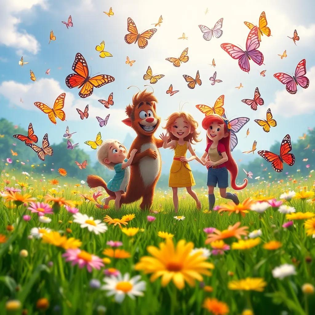 A beautiful meadow with butterflies surrounding Max and his friends, dancing and celebrating their bond among wildflowers, colorful and joyful atmosphere, magical feeling, bright colors, high quality