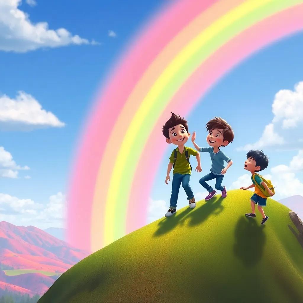 Max and his friends climbing a tall hill towards a colorful rainbow, helping one another, laughing together, vibrant landscapes below, bright sky, cheerful expressions, high quality