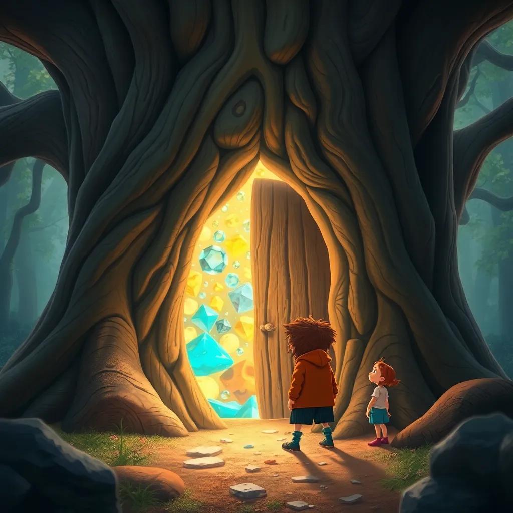 An ancient tree with a door carved into its trunk, sparkling treasures visible inside, Max and his friends peering in with awe, illuminated gems and gold, whimsical atmosphere, high quality