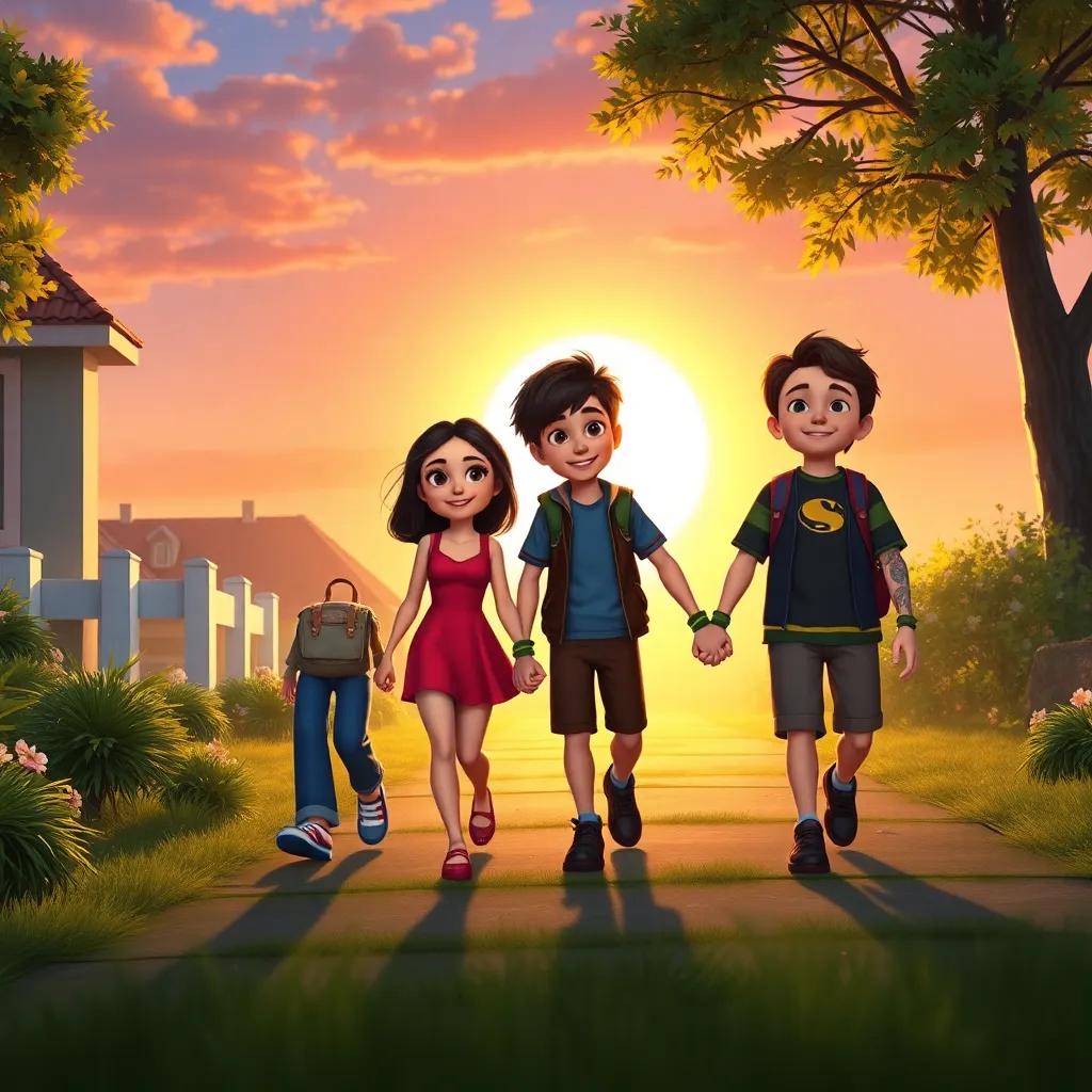 Max, Mia, Leo, and Sam walking home together hand in hand, bright smiles on their faces, a setting sun casting a warm glow, magical feeling of friendship in the air, high quality