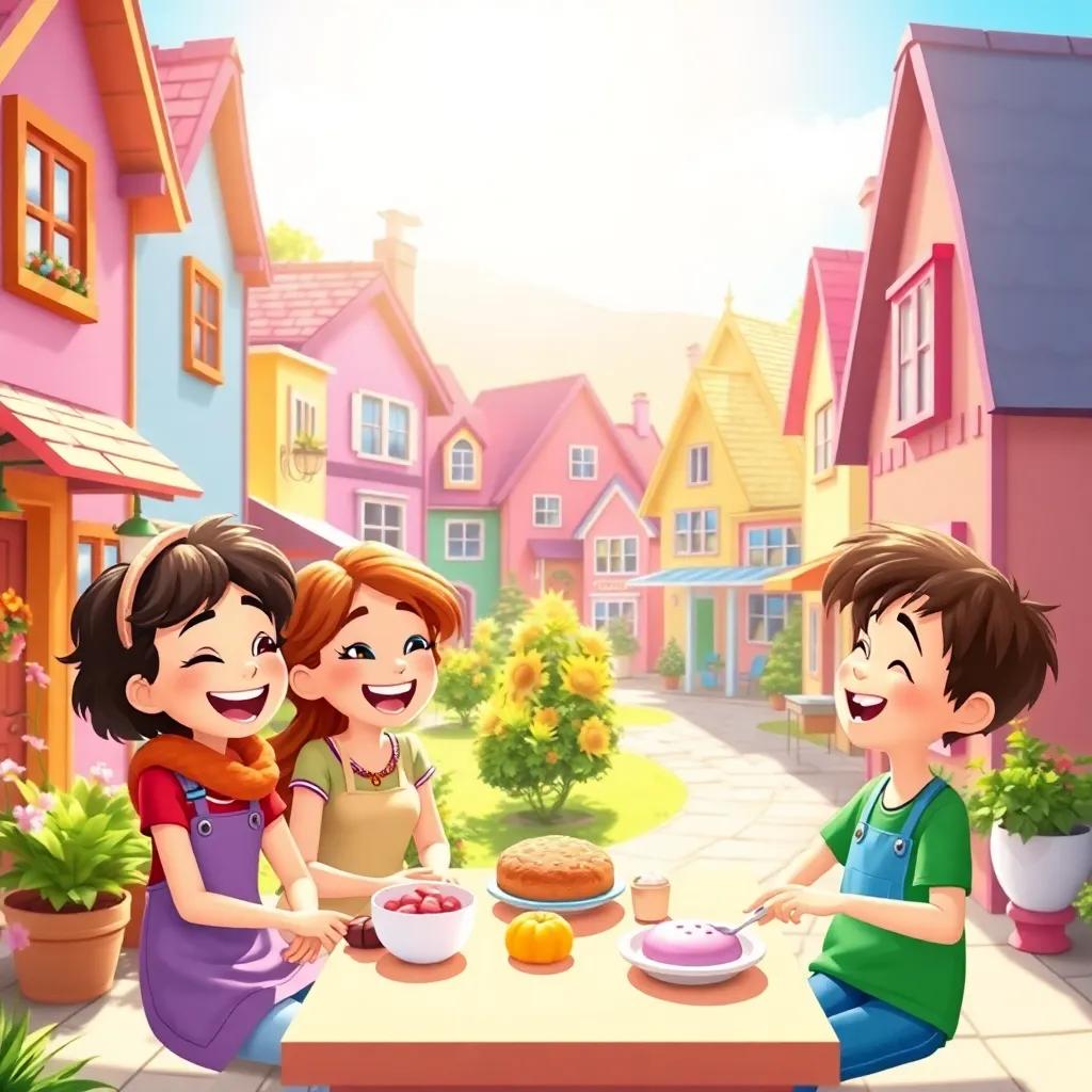 A bright sunny day in a cozy little town with four friends - Mia, Jay, Lily, and Ben, laughing and planning their baking adventure, colorful houses, cheerful atmosphere, digital art, vibrant colors, happy expressions, whimsical style