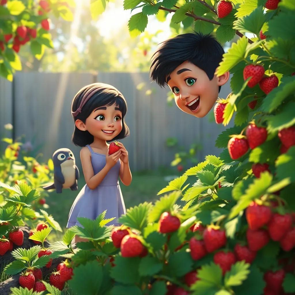 A berry bush in Mia's backyard, full of bright strawberries, Mia carefully picking them while Jay watches excitedly, green leaves and sunlight streaming through, detailed art, sunny ambiance, playful feel