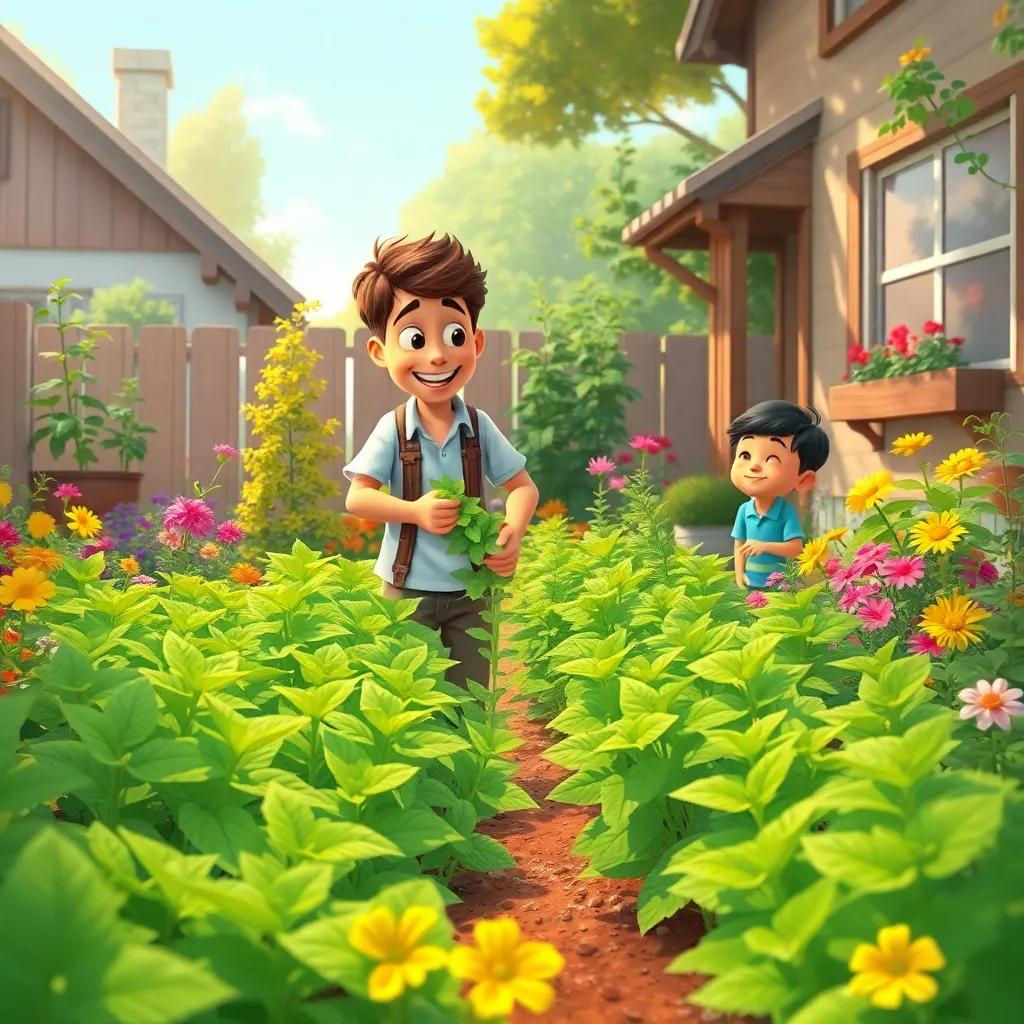 A lush garden filled with green mint plants at Jay's house, Jay picking mint leaves, Ben happily watching, colorful herbs and flowers around, warm lighting, cheerful scene, illustration