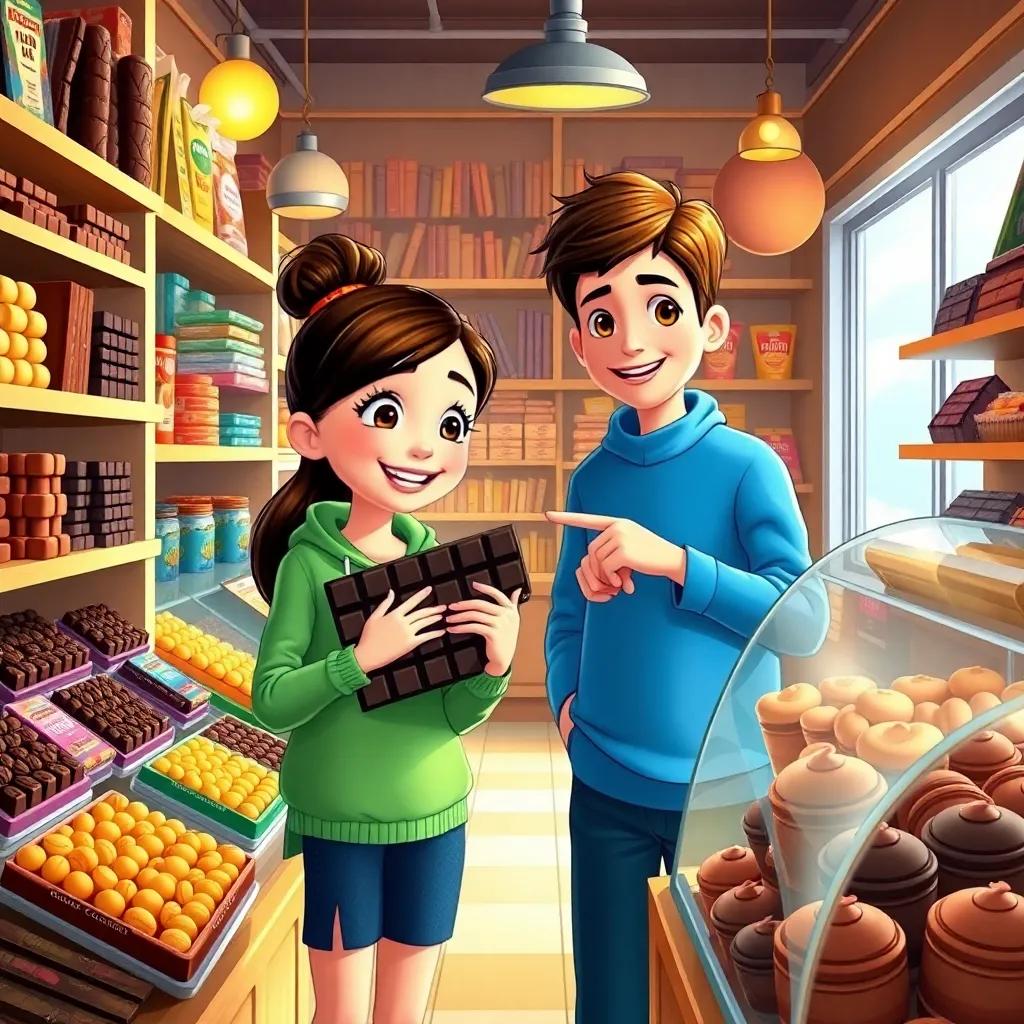 Inside a local store with a wide selection of chocolates, Lily holding a big bar of dark chocolate while Ben points at other treats, bright store, tempting display, colorful and engaging, whimsical art