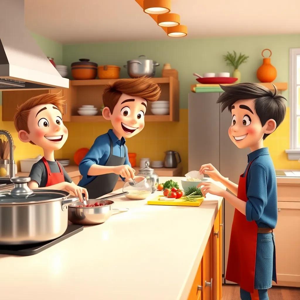Ben's bright and cheery kitchen filled with pots and pans, the friends mixing ingredients together, smiling and having fun, colorful ingredients on the counter, inviting and lively atmosphere, detailed digital image