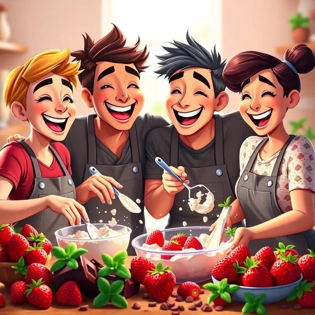 The four friends happily mixing ingredients, laughter in the air, their faces glowing with joy, strawberries, chocolate, and mint all around, warm lighting, lively and fun scene
